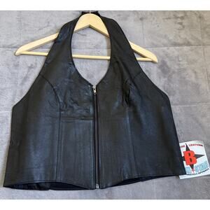 BikeStar Black Leather Motorcycle Halter Top XL Front Zip Sturgis Biker Moto NEW